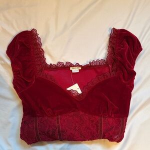 Elegant Red Velvet and Lace Top